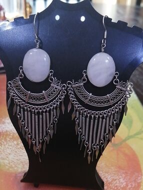 Native American Ethnic Tribal White Quartz Silver Fringe Vintage Earrings